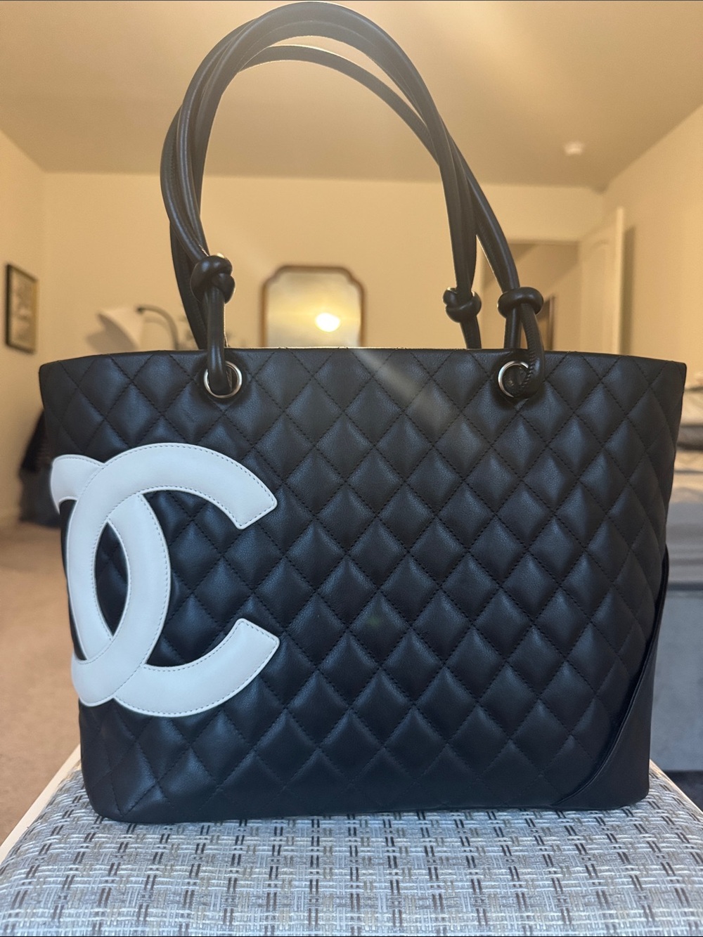 CHANEL Cambon Tote Black Quilted Tote with White CC Patch